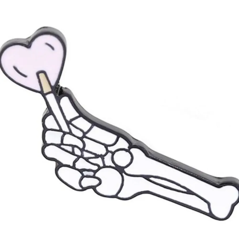 2 Skeleton Hands Holding Heart Balloon Pin Brooch